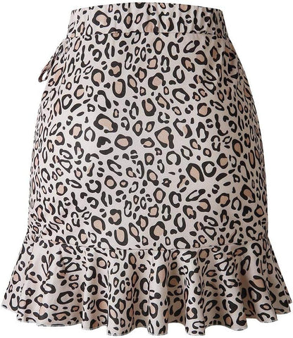 High Waisted Skirt with Asymmetric Ruffles, Leopard Dot Print