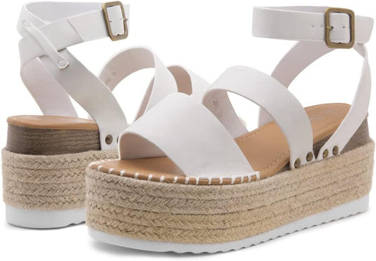 Women's Platform Sandals with Ankle Strap and Espadrille Wedge