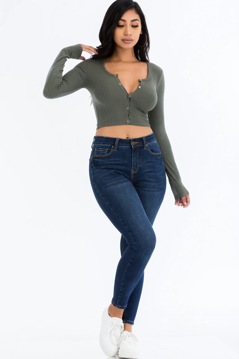 Ribbed Long Sleeve Snap Button Down Crop Top (Capella)